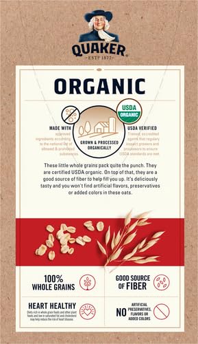 Quaker Organic Regular Oatmeal microwaving shown for fast mornings.