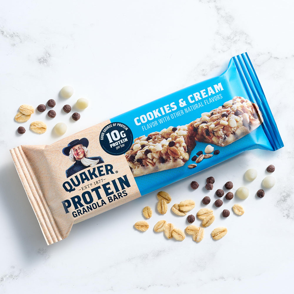 Quaker Protein Granola Bars close-up texture, chewy bites and visible ingredients.