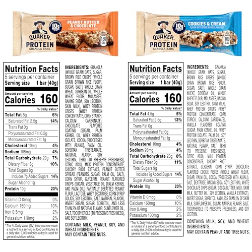 Quaker Protein Granola Bars Peanut Butter Chocolate, chewy bar with 10g protein.