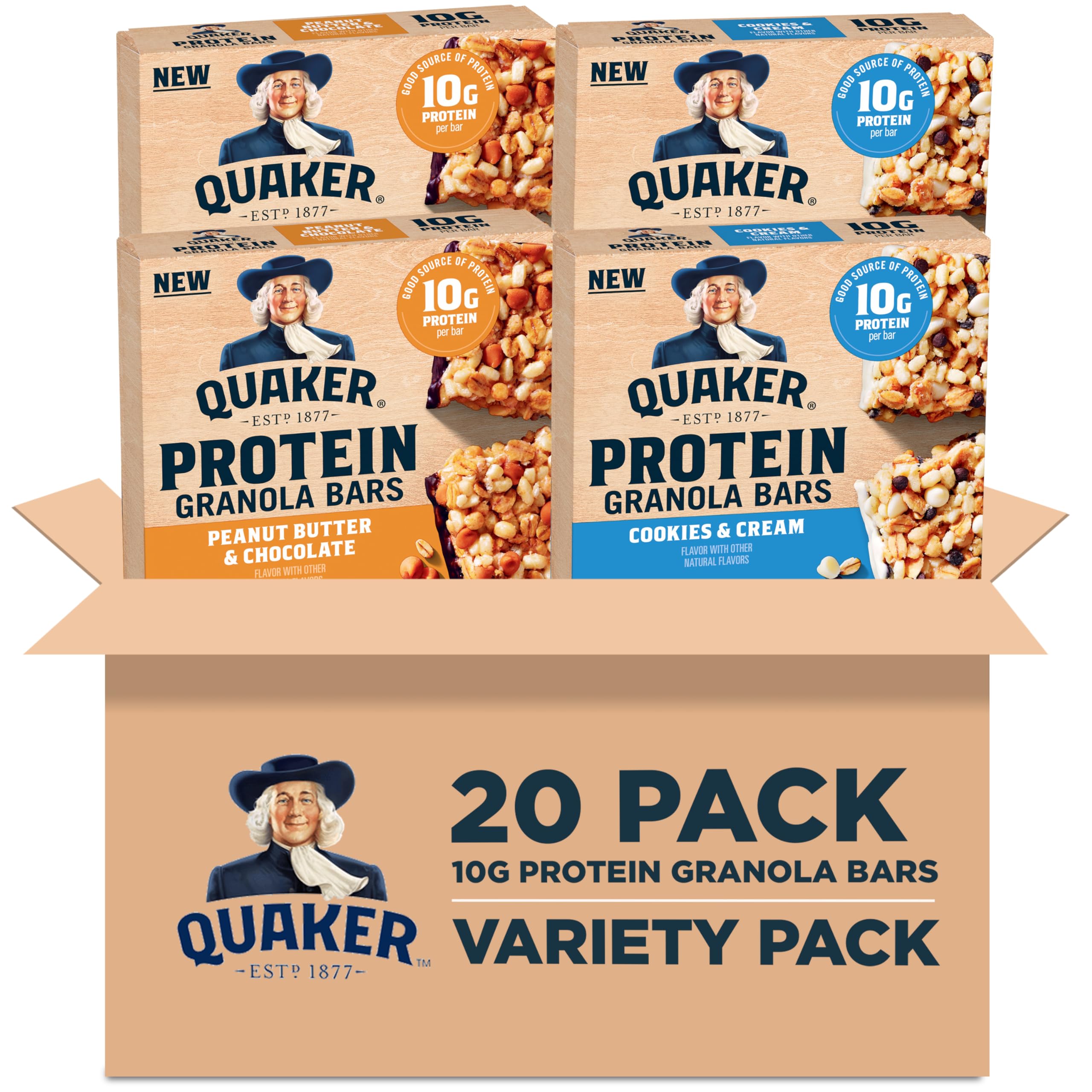 Quaker Protein Granola Bars variety pack cover, convenient protein-packed snacking option.