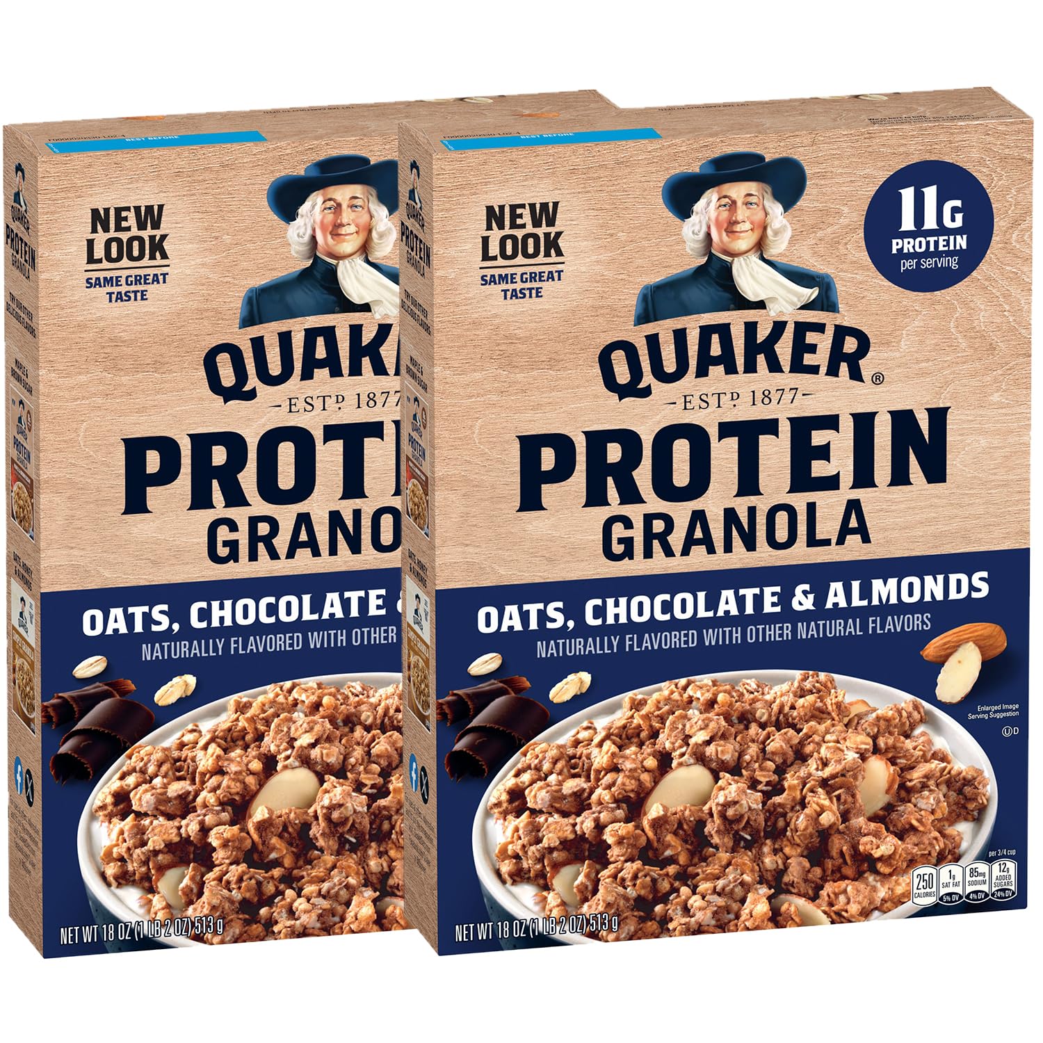 Quaker Protein Granola box front, two-pack, convenient breakfast option