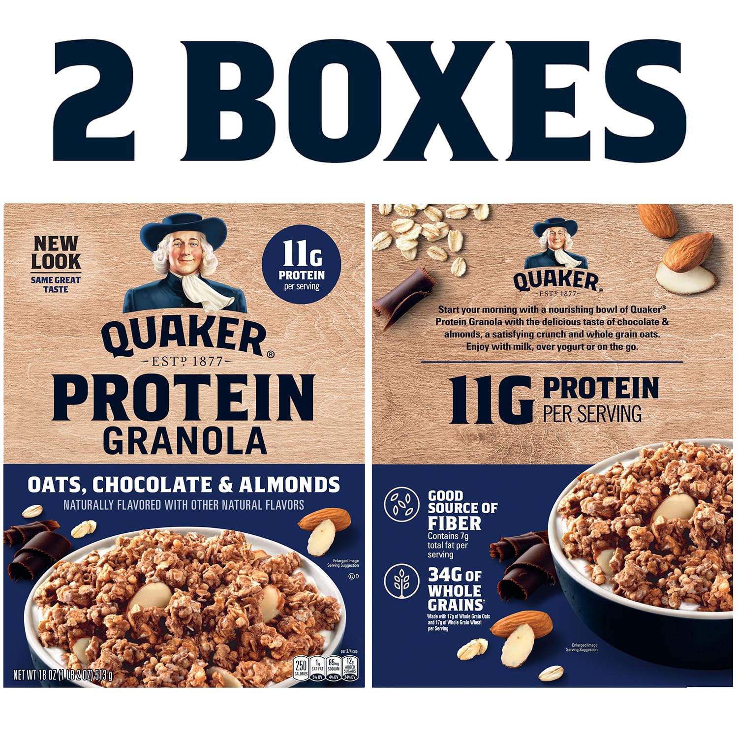 Quaker Protein Granola ingredients close-up with oats and almonds