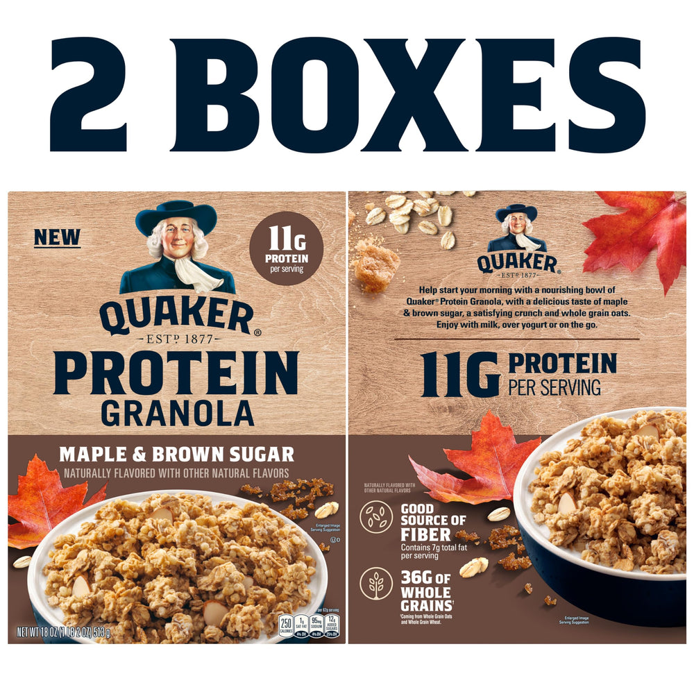 Quaker Protein Granola Maple Brown Sugar milk pour for easy breakfast