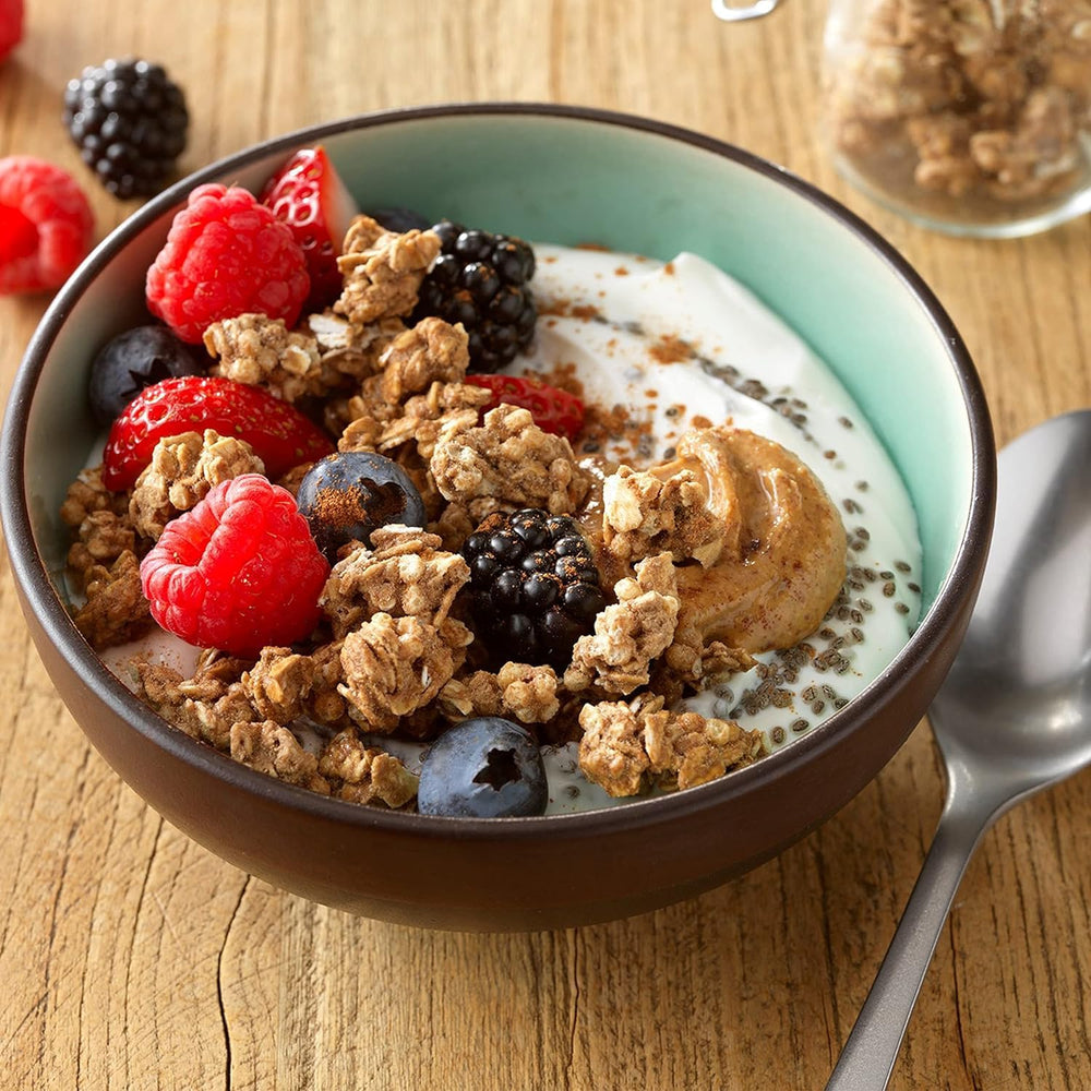 Quaker Protein Granola Maple Brown Sugar packaging closeup highlighting protein and fiber