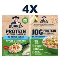 Quaker Protein Instant Oatmeal Apple Cinnamon serving pack with nutrition details.