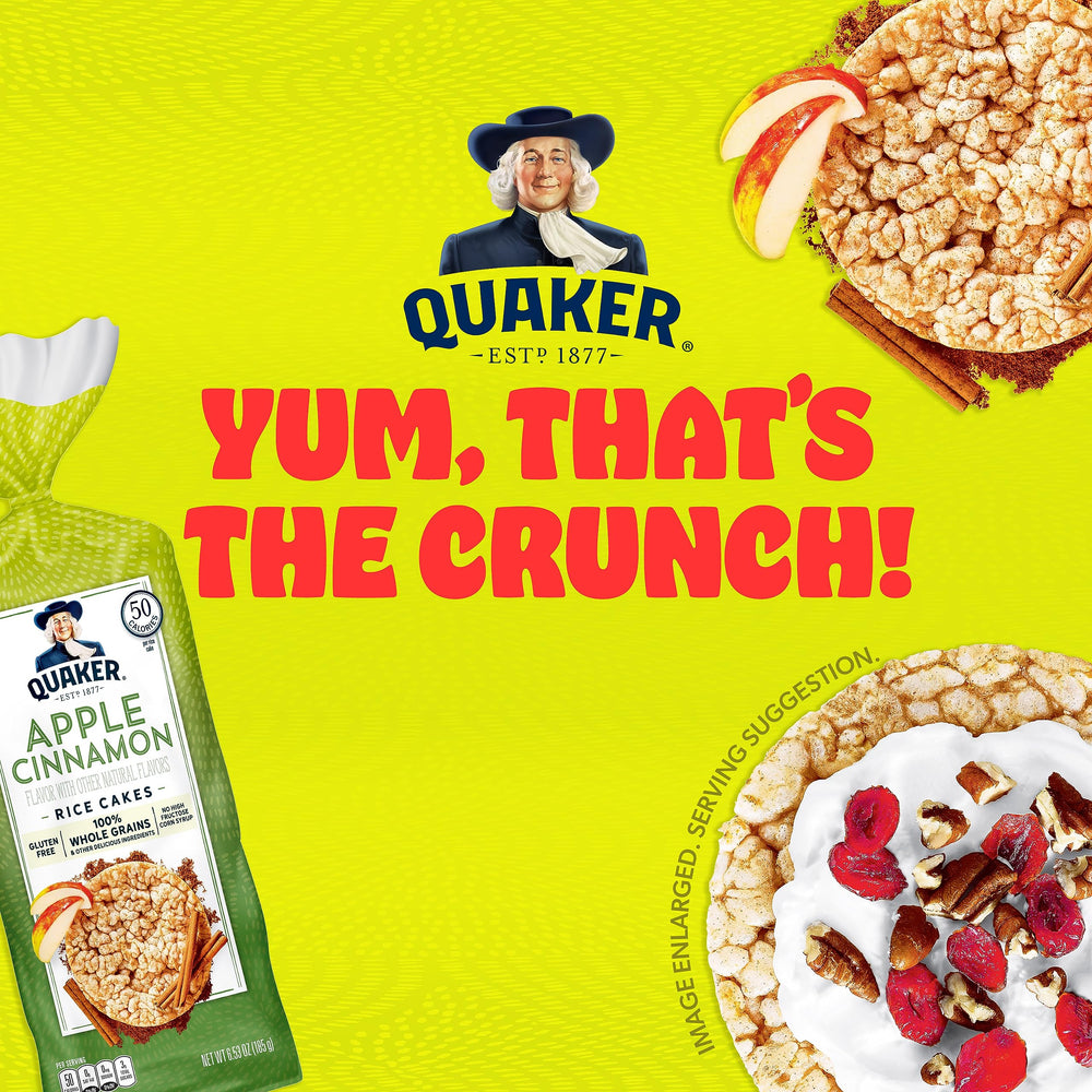 Quaker ingredients label on apple cinnamon rice cakes emphasizes whole grain