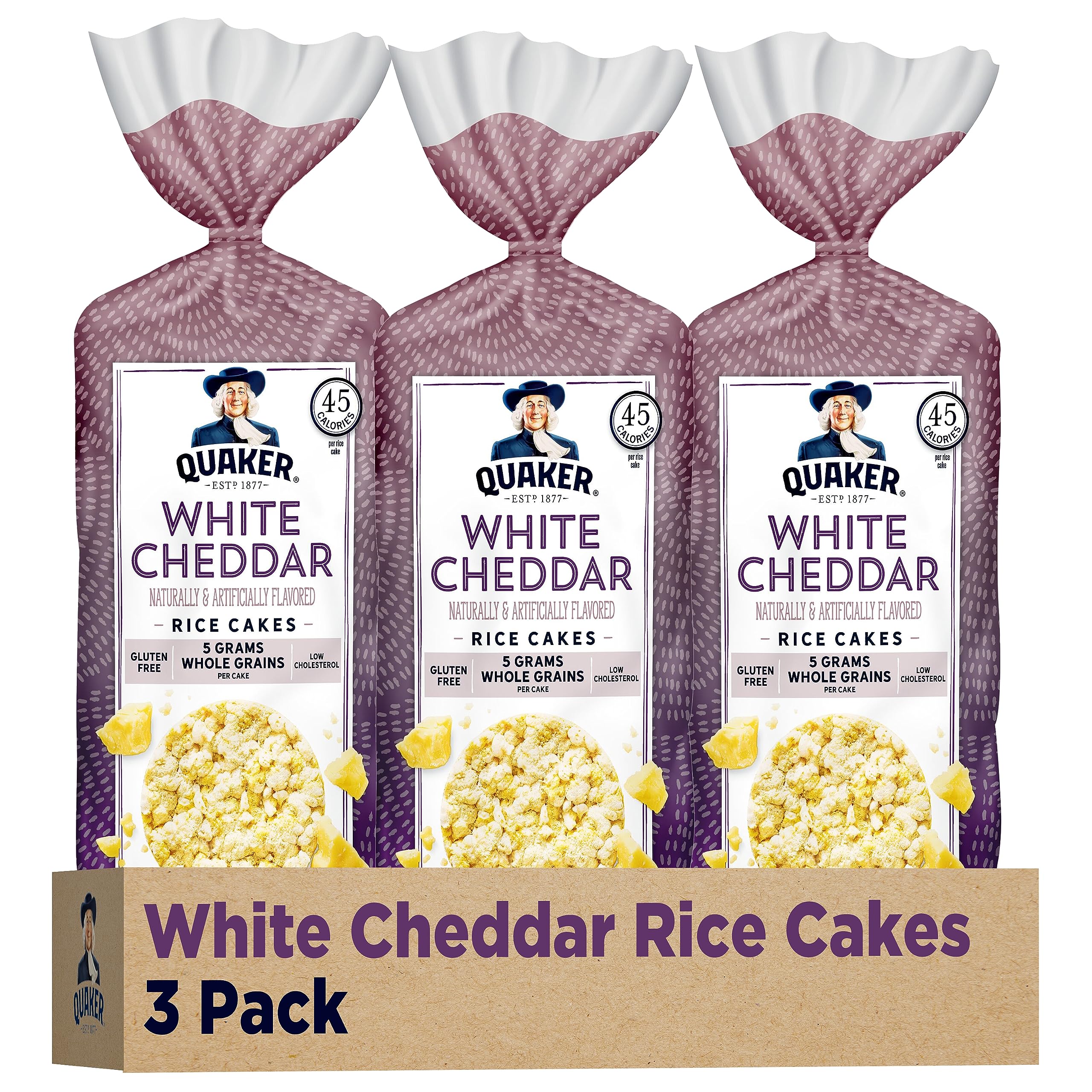 Quaker rice cakes white cheddar pack front, crispy whole grain snack.