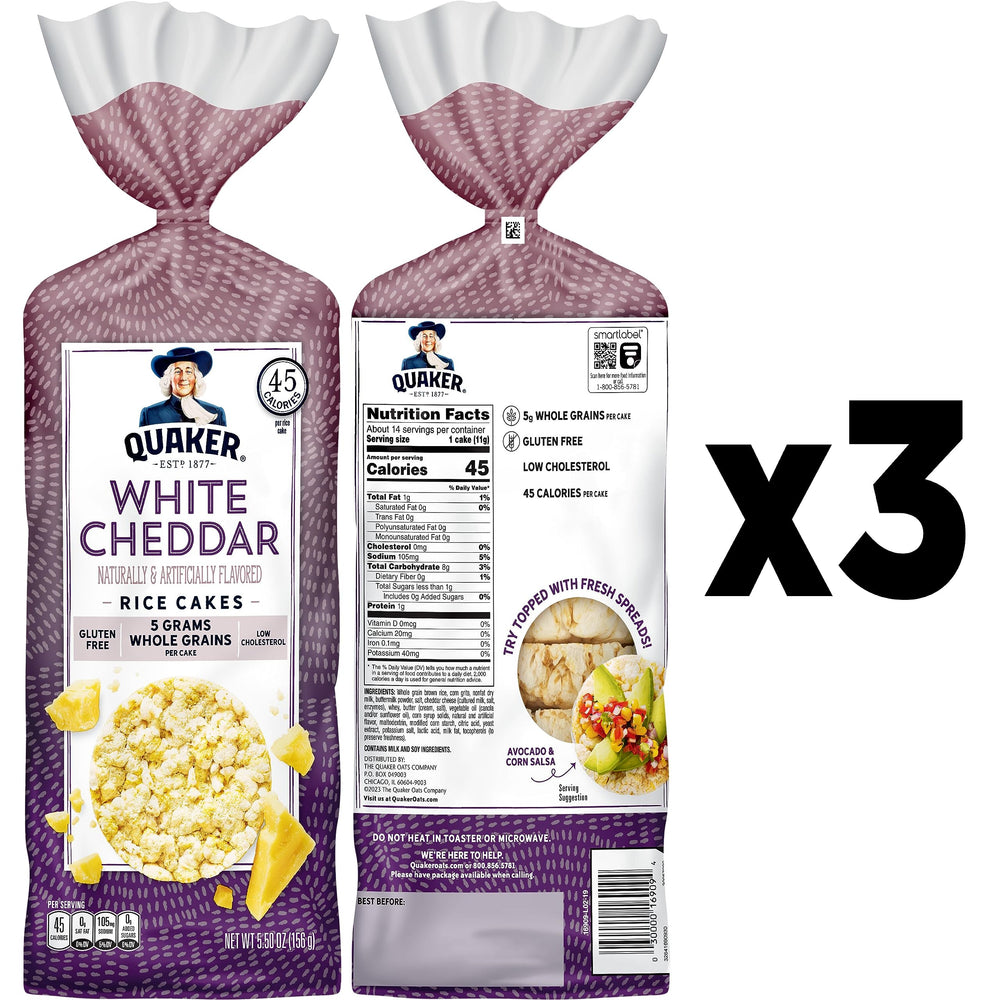 Quaker rice cakes white cheddar with peanut butter topping idea.