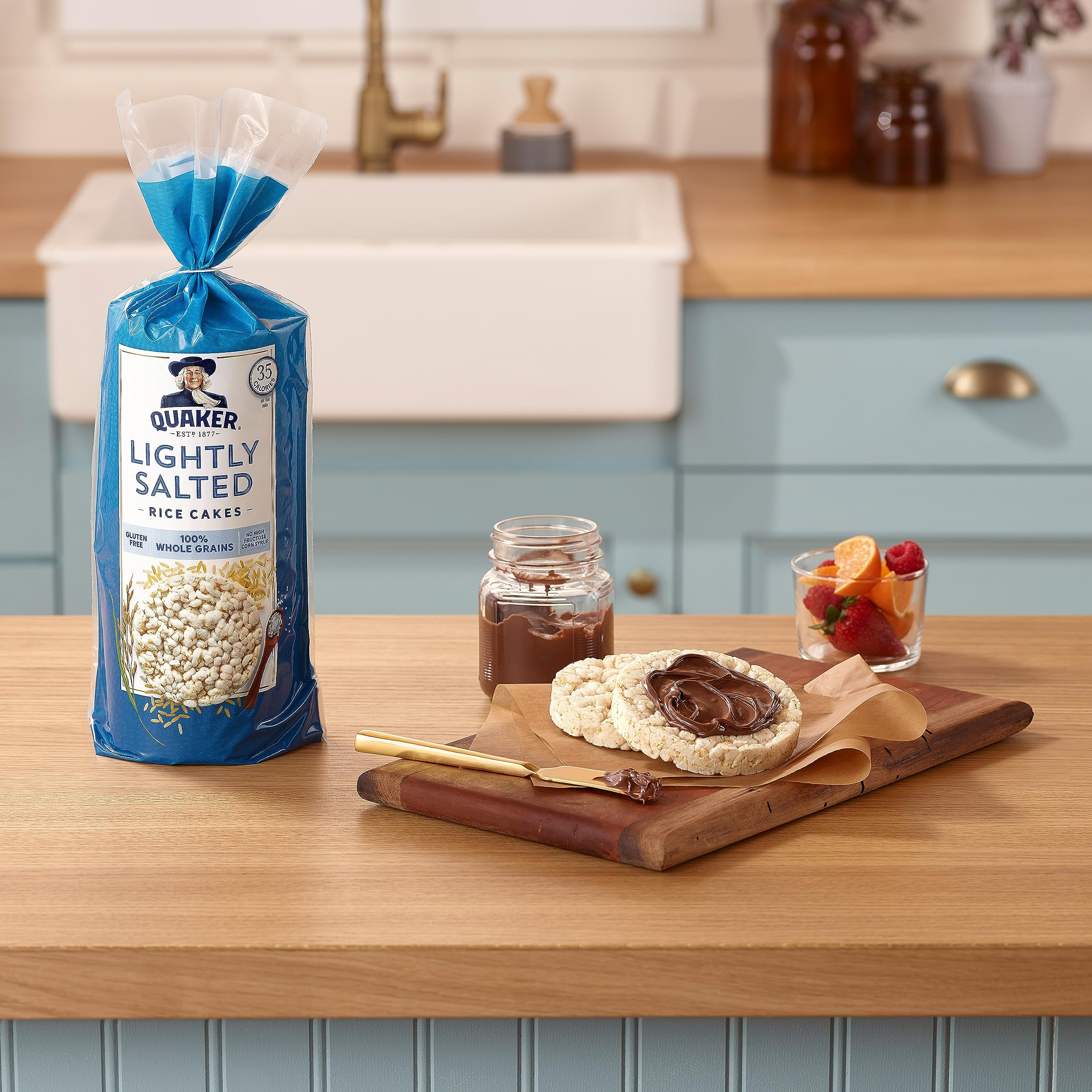 Quaker Rice Cakes with peanut butter topping as quick snack