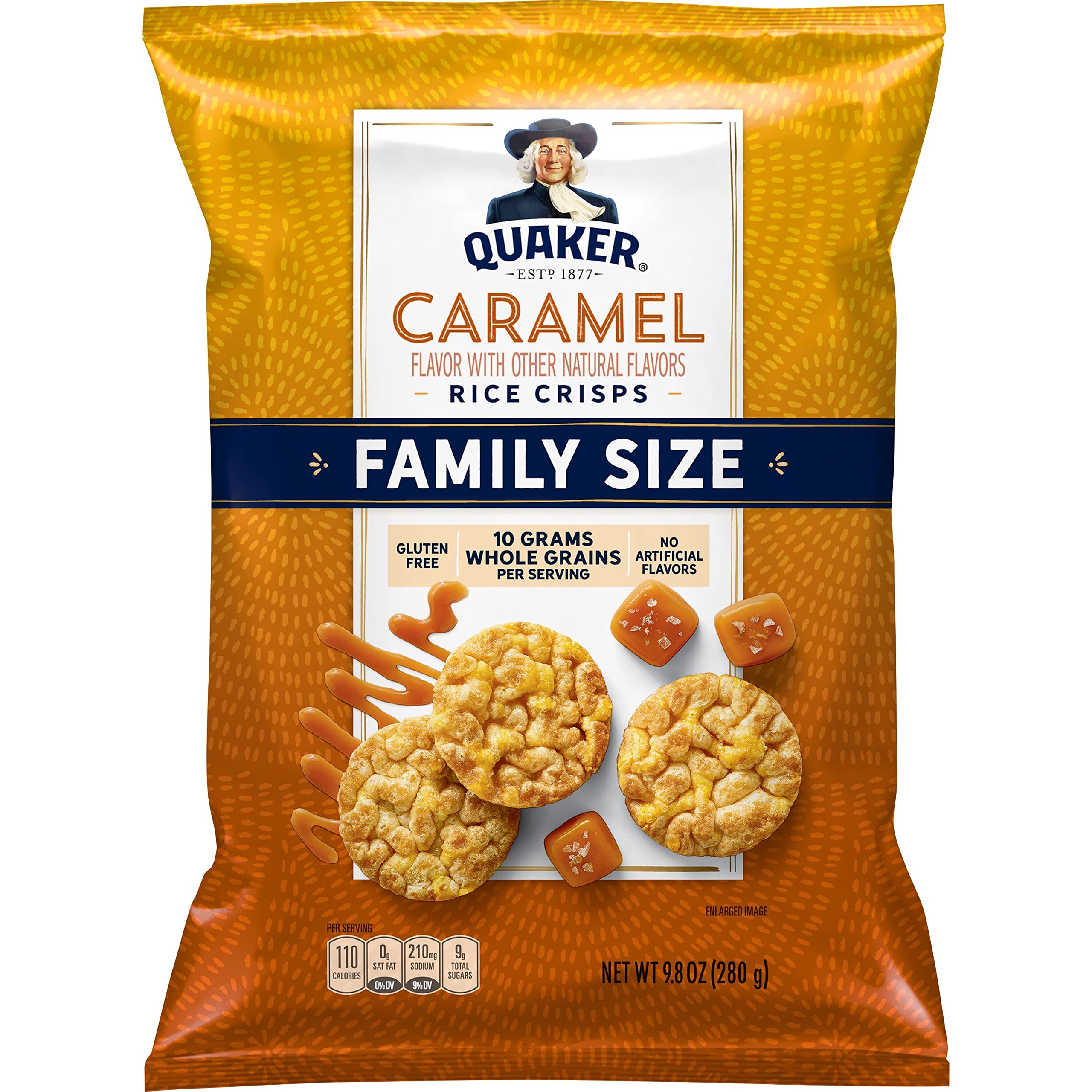 Quaker Rice Crisps Caramel bag shows gluten-free, low-fat crunch for family snacking.