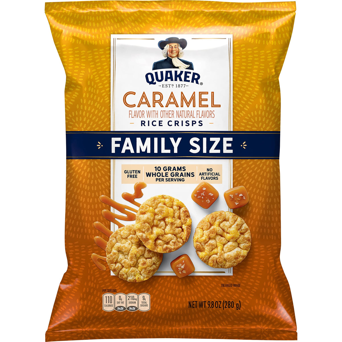 Quaker Rice Crisps Caramel bag shows gluten-free, low-fat crunch for family snacking.