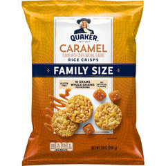 Quaker Rice Crisps Caramel bag shows gluten-free, low-fat crunch for family snacking.