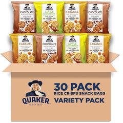 Quaker Rice Crisps Caramel flavor bag close up, ideal for on the go snacking