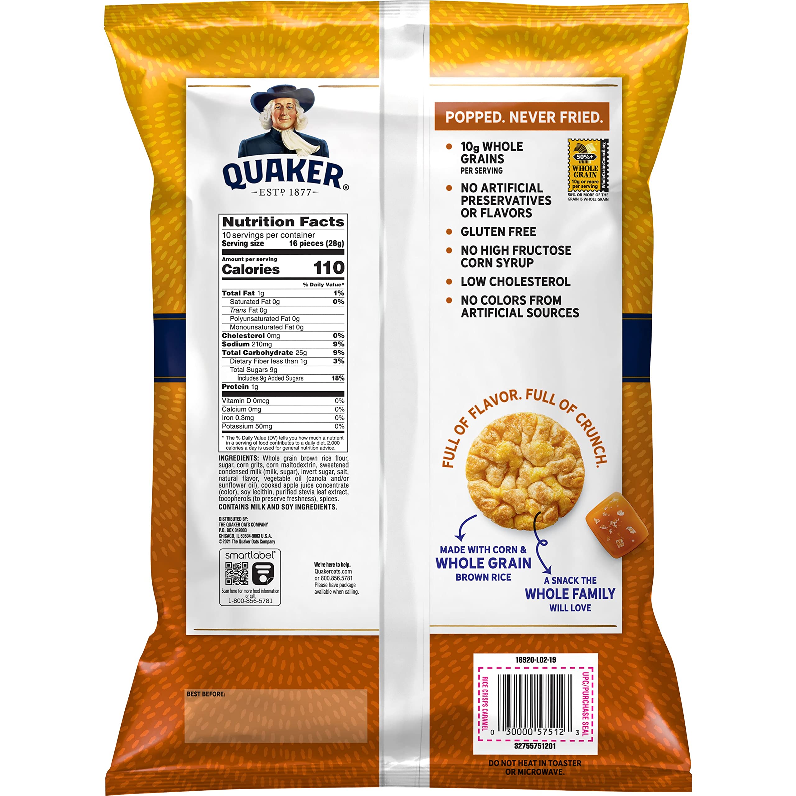 Quaker Caramel Rice Crisps in lunchbox illustrate a gluten-free, low-fat treat.