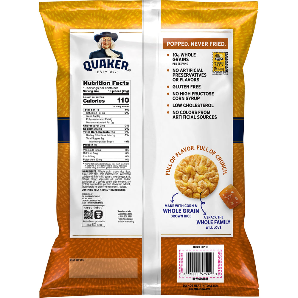 Quaker Caramel Rice Crisps in lunchbox illustrate a gluten-free, low-fat treat.