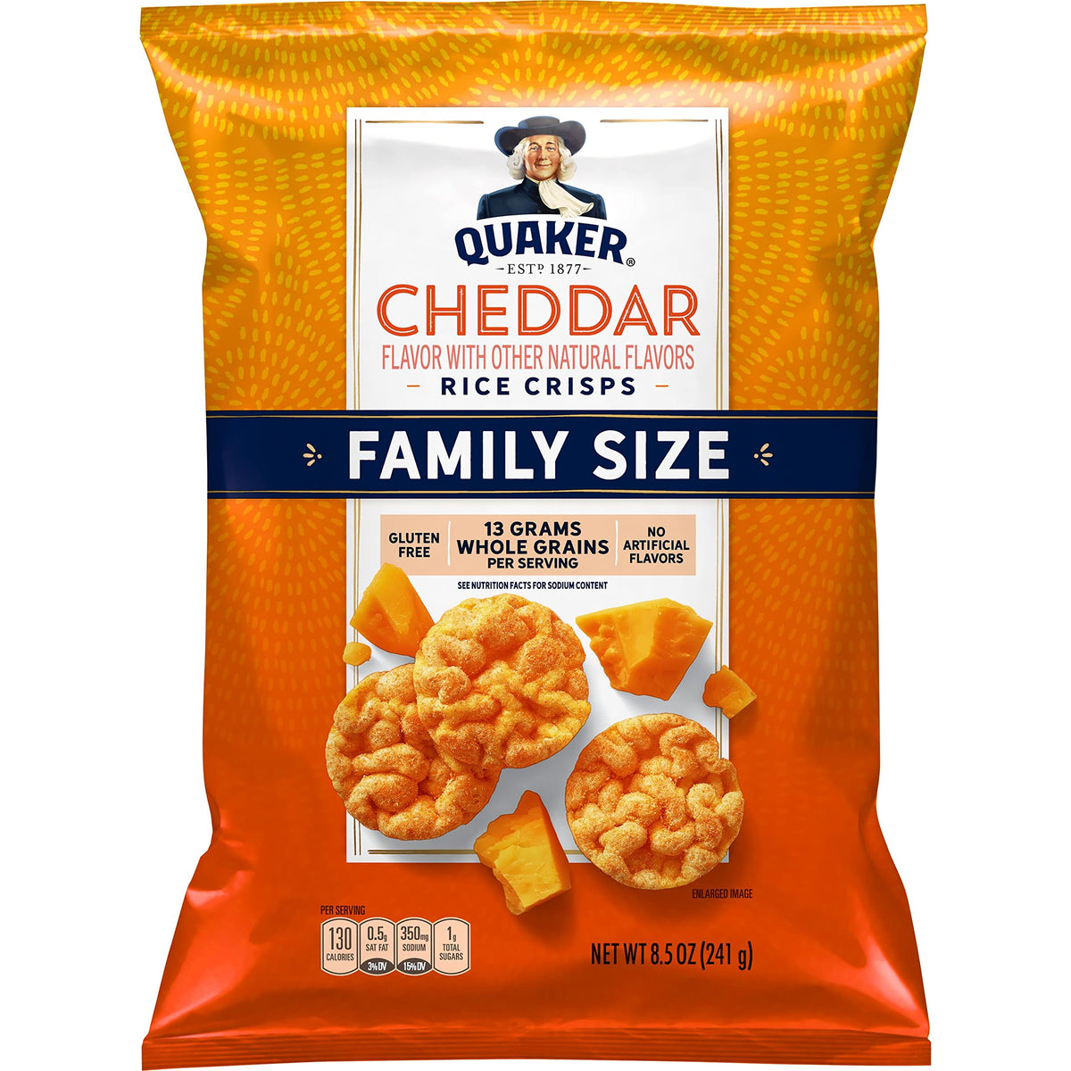 Quaker Rice Crisps Cheddar bag on kitchen counter shows crunchy gluten-free snack
