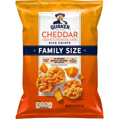 Quaker Rice Crisps Cheddar bag on kitchen counter shows crunchy gluten-free snack