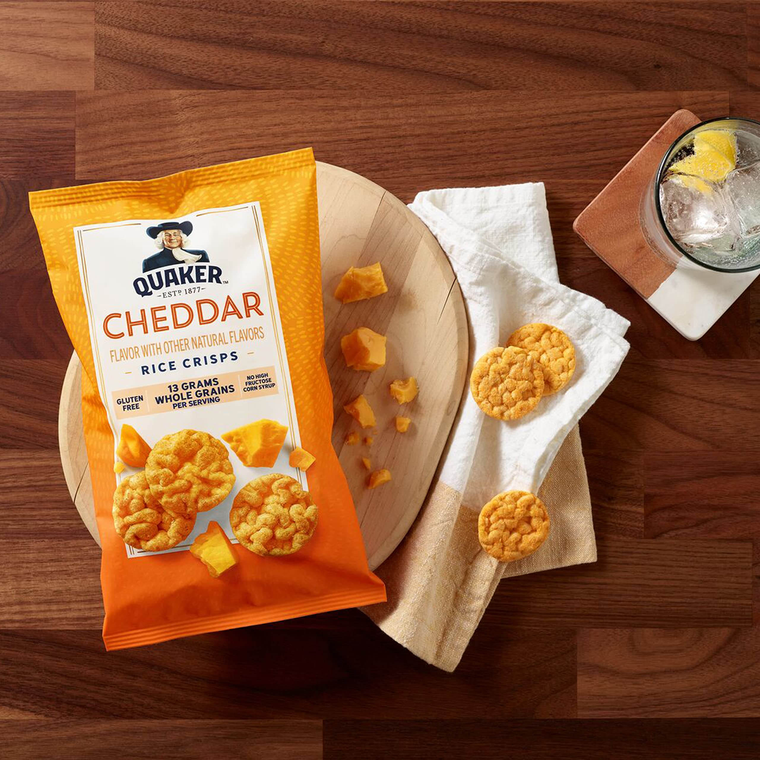 Quaker Rice Crisps Cheddar bag, savory cheese crunch snack