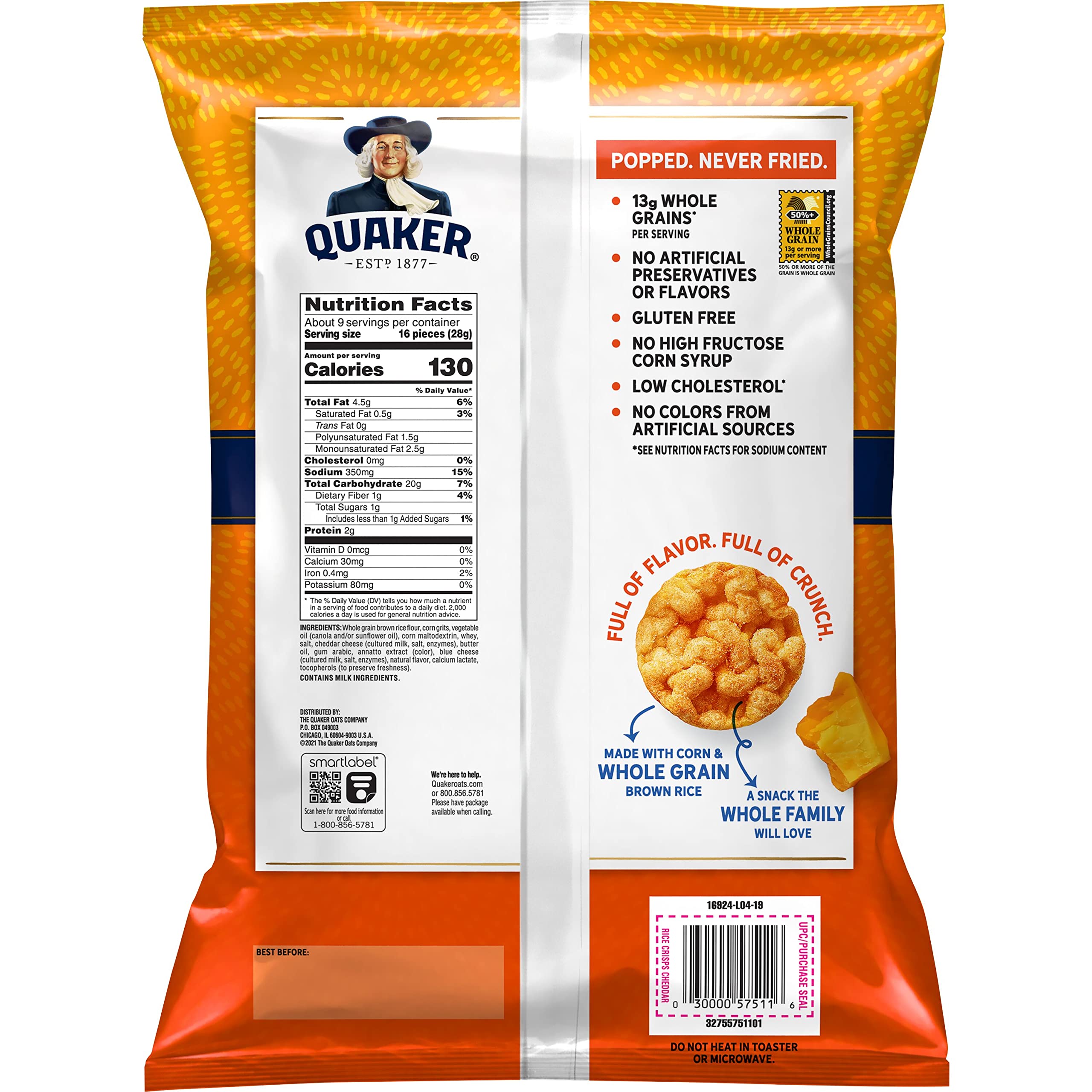 Quaker Rice Crisps Cheddar family-size bag on table ready for sharing