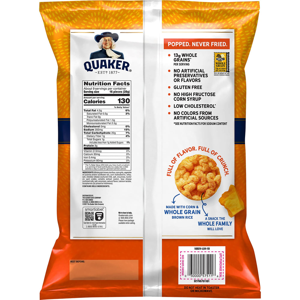Quaker Rice Crisps Cheddar family-size bag on table ready for sharing