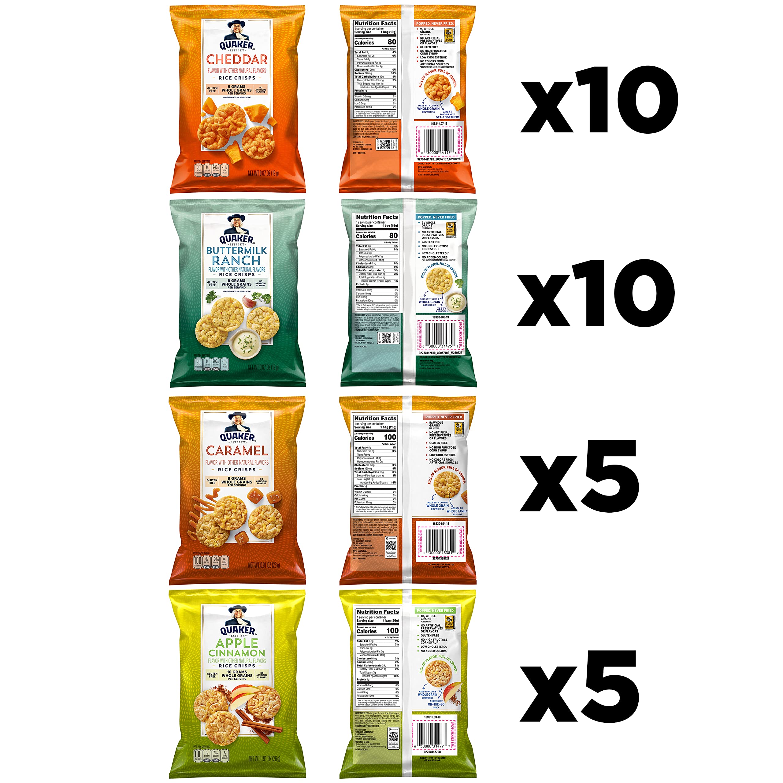 Quaker Rice Crisps cheddar flavor crisp with savory notes, great for dipping.