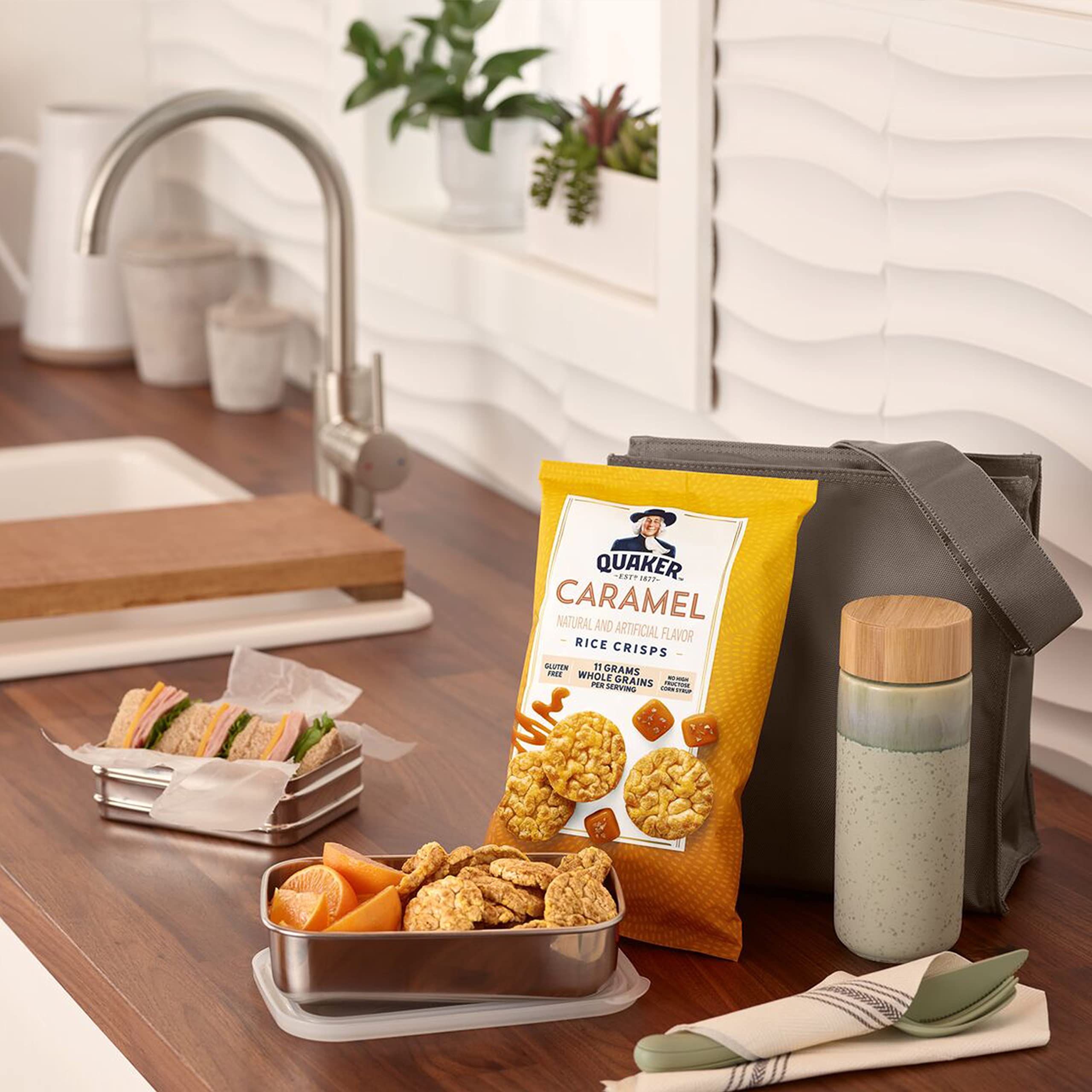 Quaker Rice Crisps Sour Cream and Onion bag, savory crunch snack