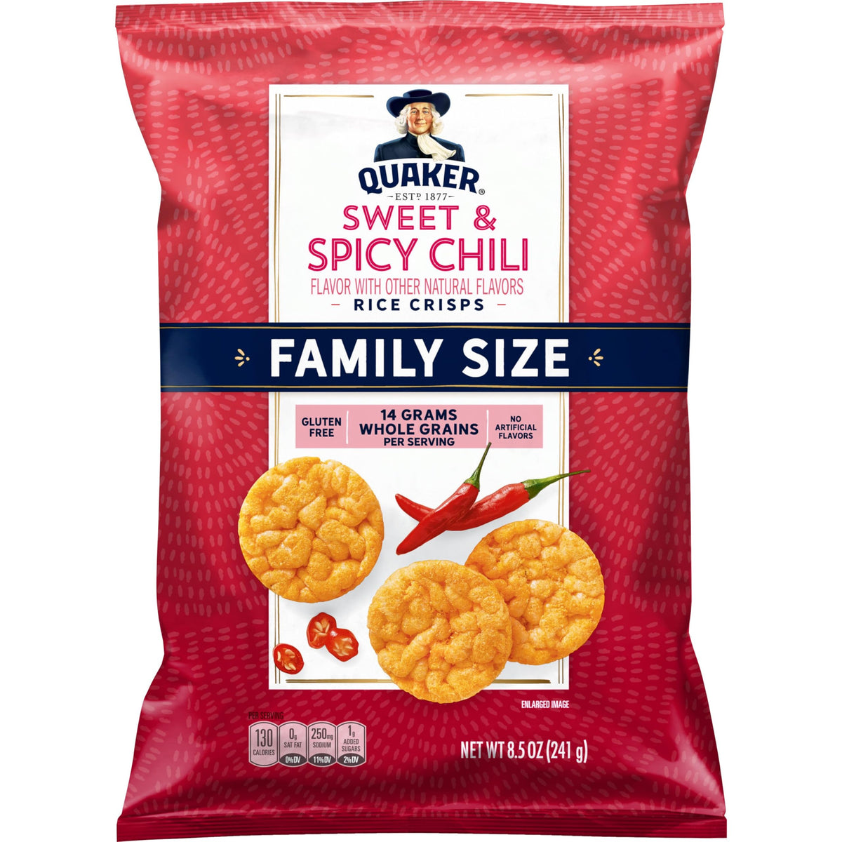 Quaker Rice Crisps Sweet & Spicy Chili packshot showing gluten-free crunch for a quick breakfast