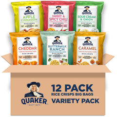 Quaker Rice Crisps variety pack on shelf, convenient on-the-go snack