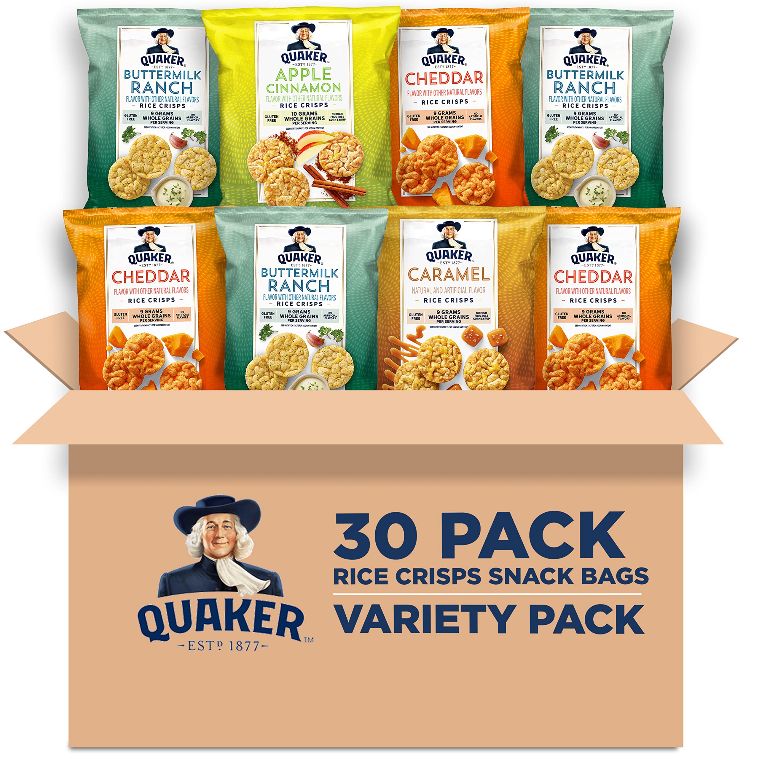 Quaker Rice Crisps variety pack for versatile on-the-go snacking.