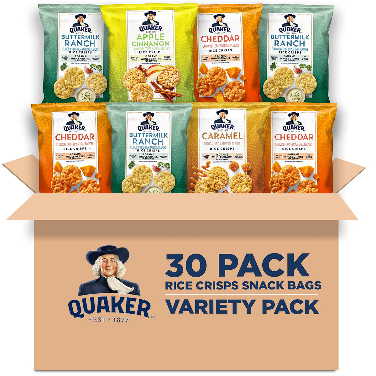 Quaker Rice Crisps variety pack for versatile on-the-go snacking.