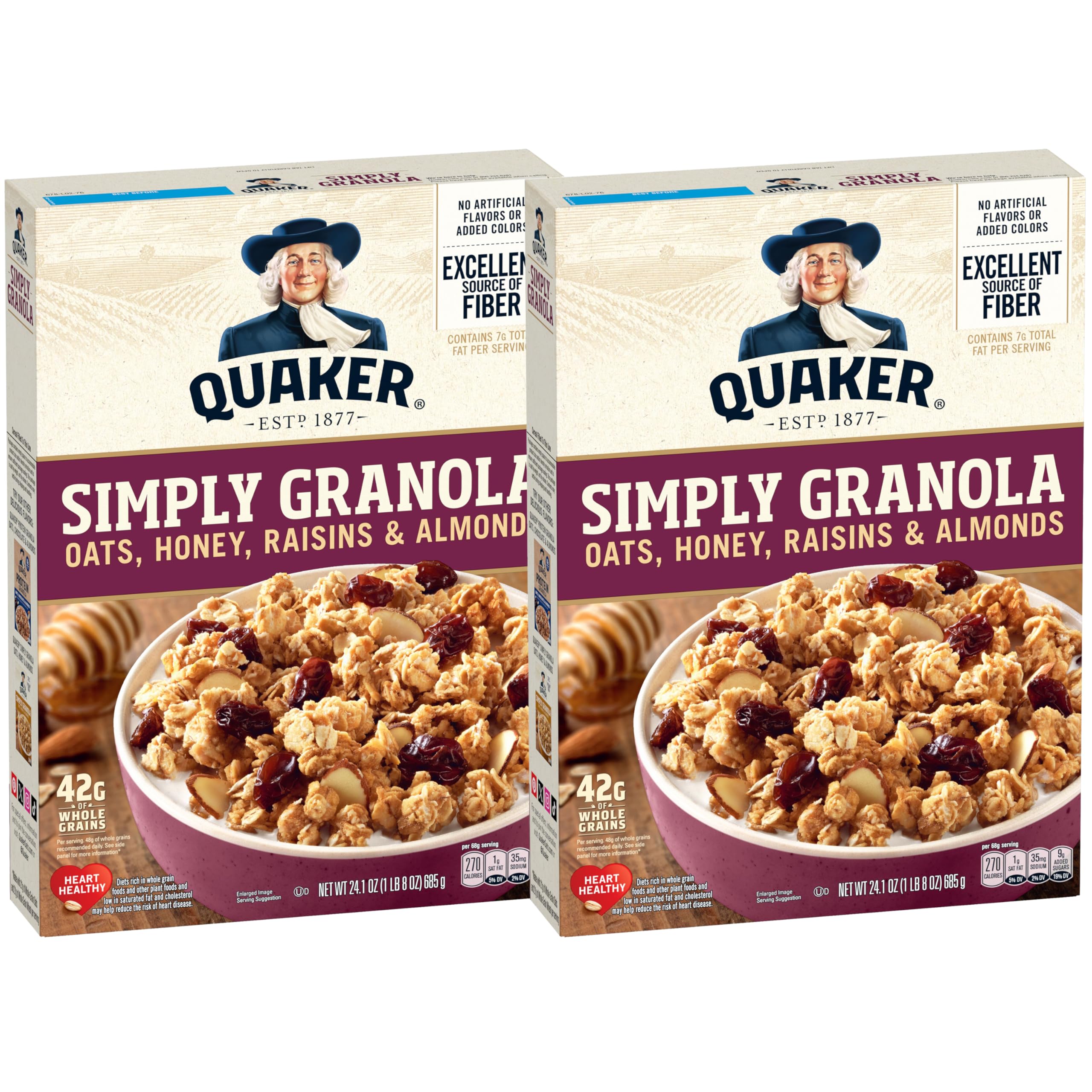 Quaker Simply Granola Honey & Raisin box front, ideal breakfast option for busy mornings.