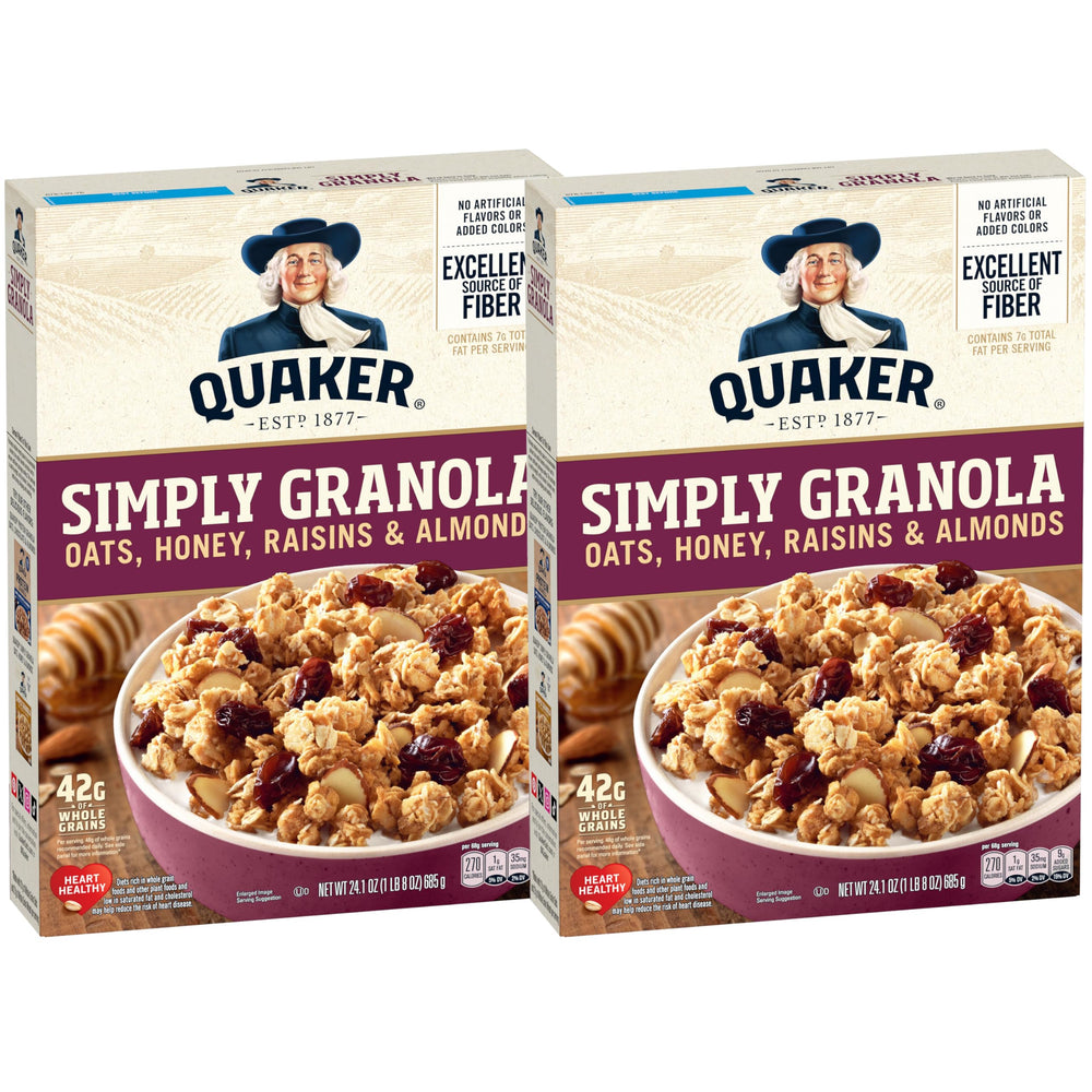 Quaker Simply Granola Honey & Raisin box front, ideal breakfast option for busy mornings.