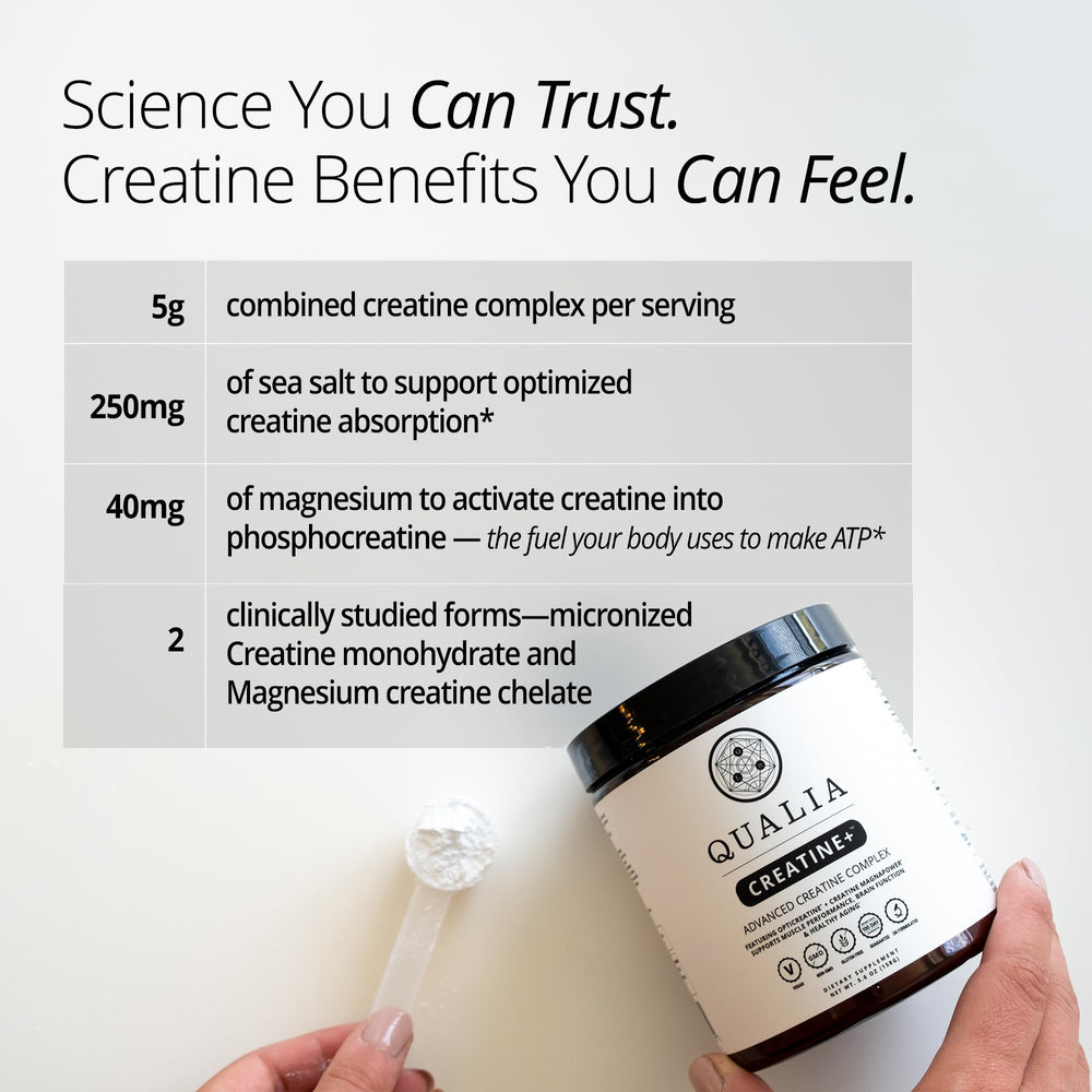 Qualia Creatine+ vegan ingredients panel signals clean sourcing.