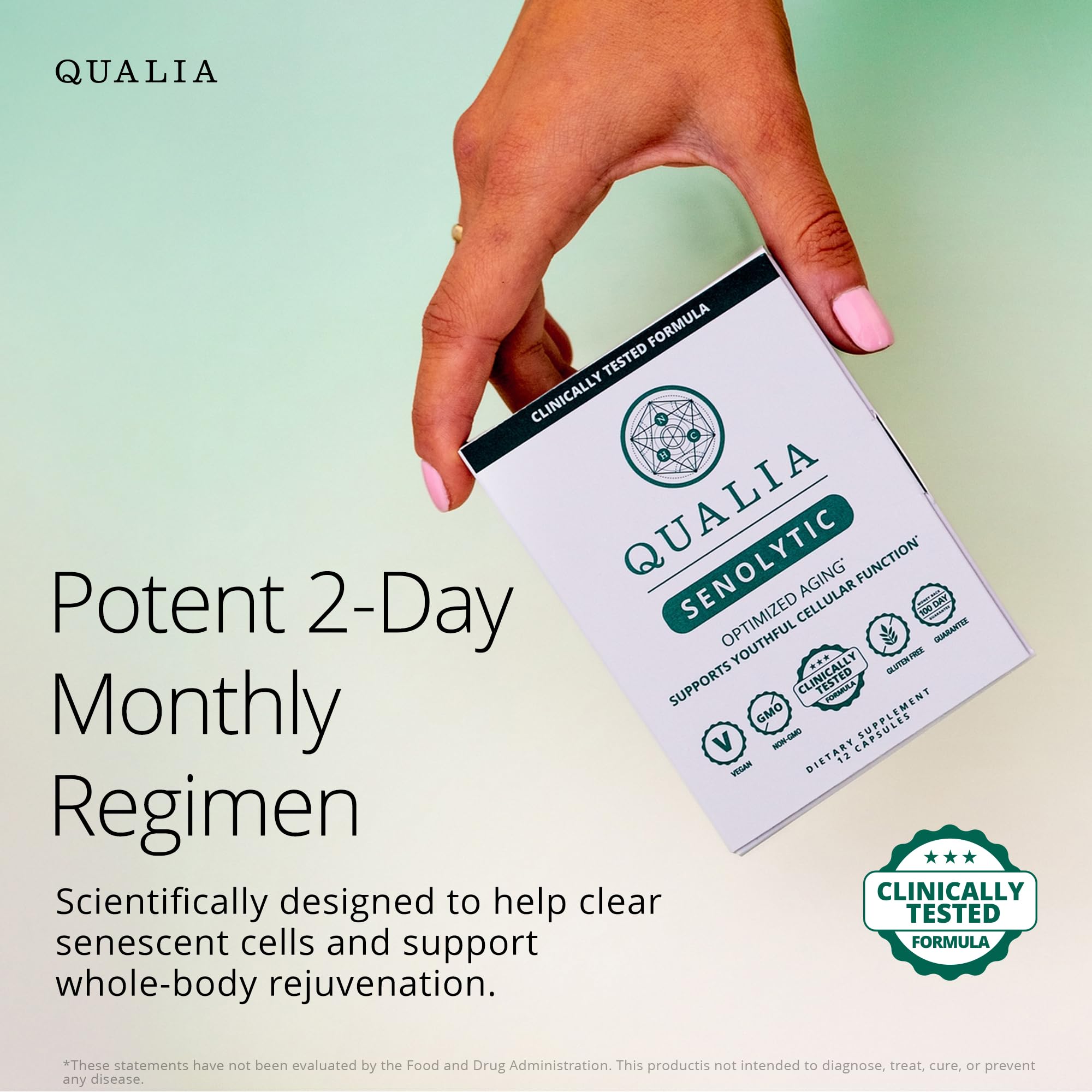 Qualia Life Sciences Senolytic bottle back with dosage directions.