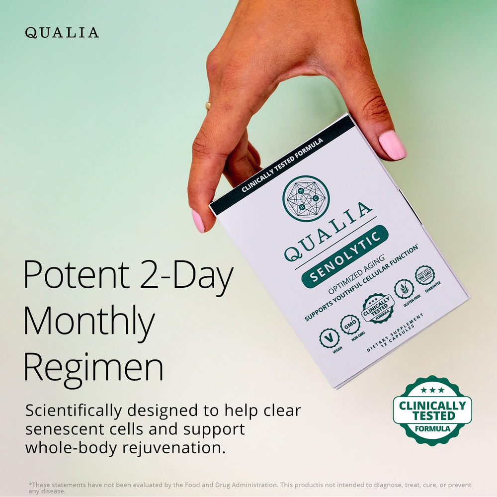 Qualia Life Sciences Senolytic bottle back with dosage directions.