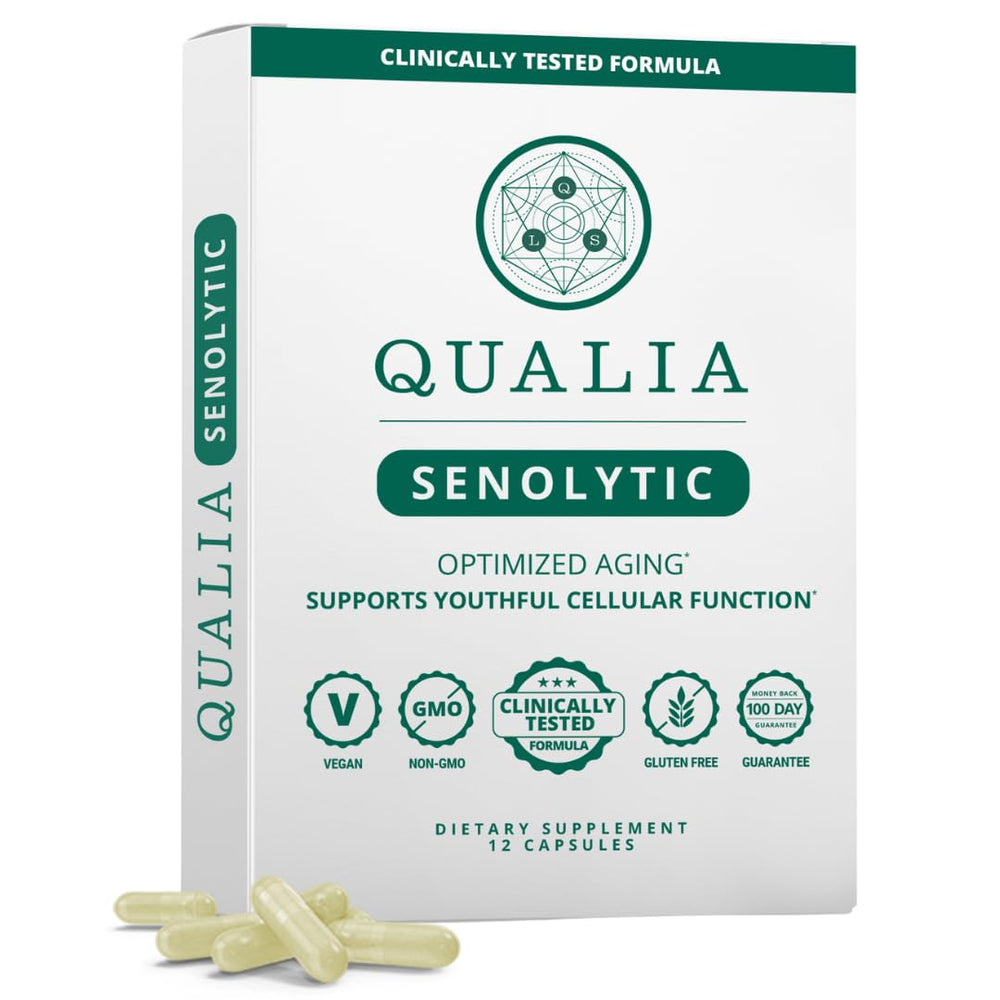 Qualia Life Sciences Senolytic bottle front for daily vitality support.