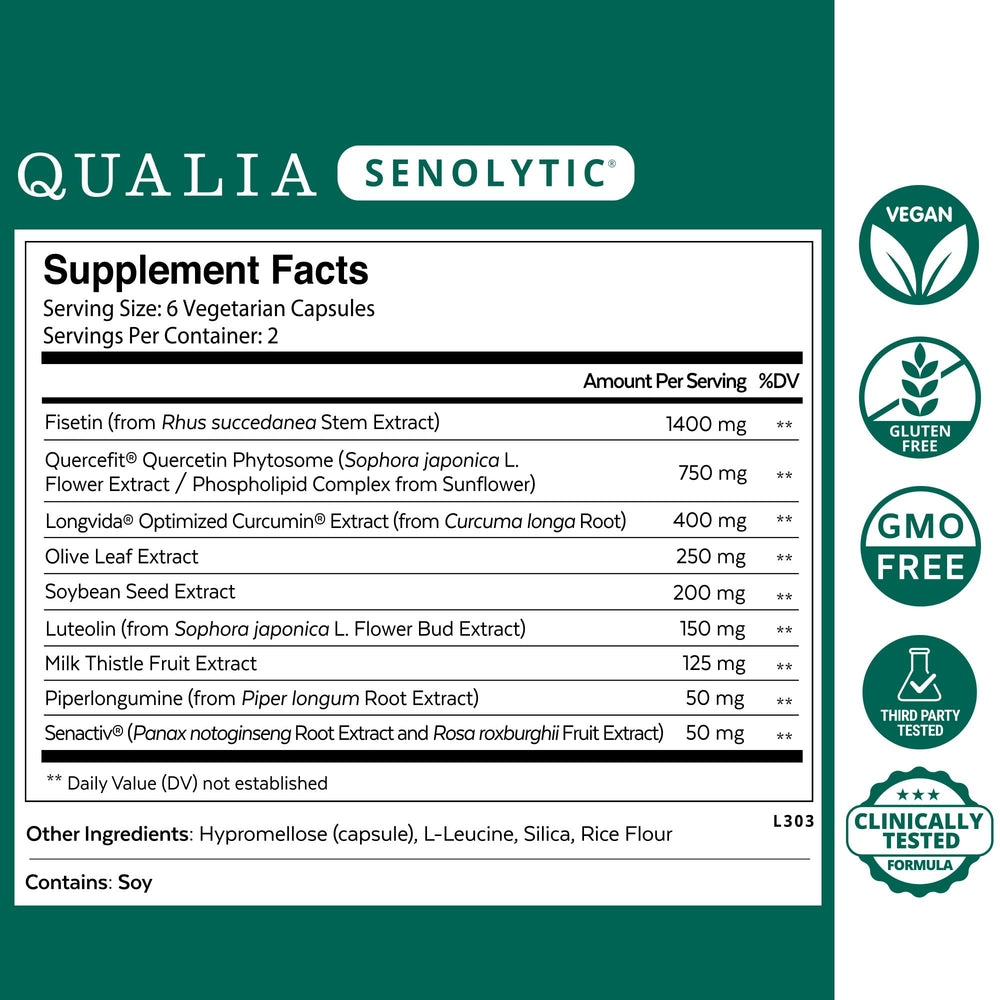 Qualia Life Sciences Senolytic capsules closeup showing supplement form.