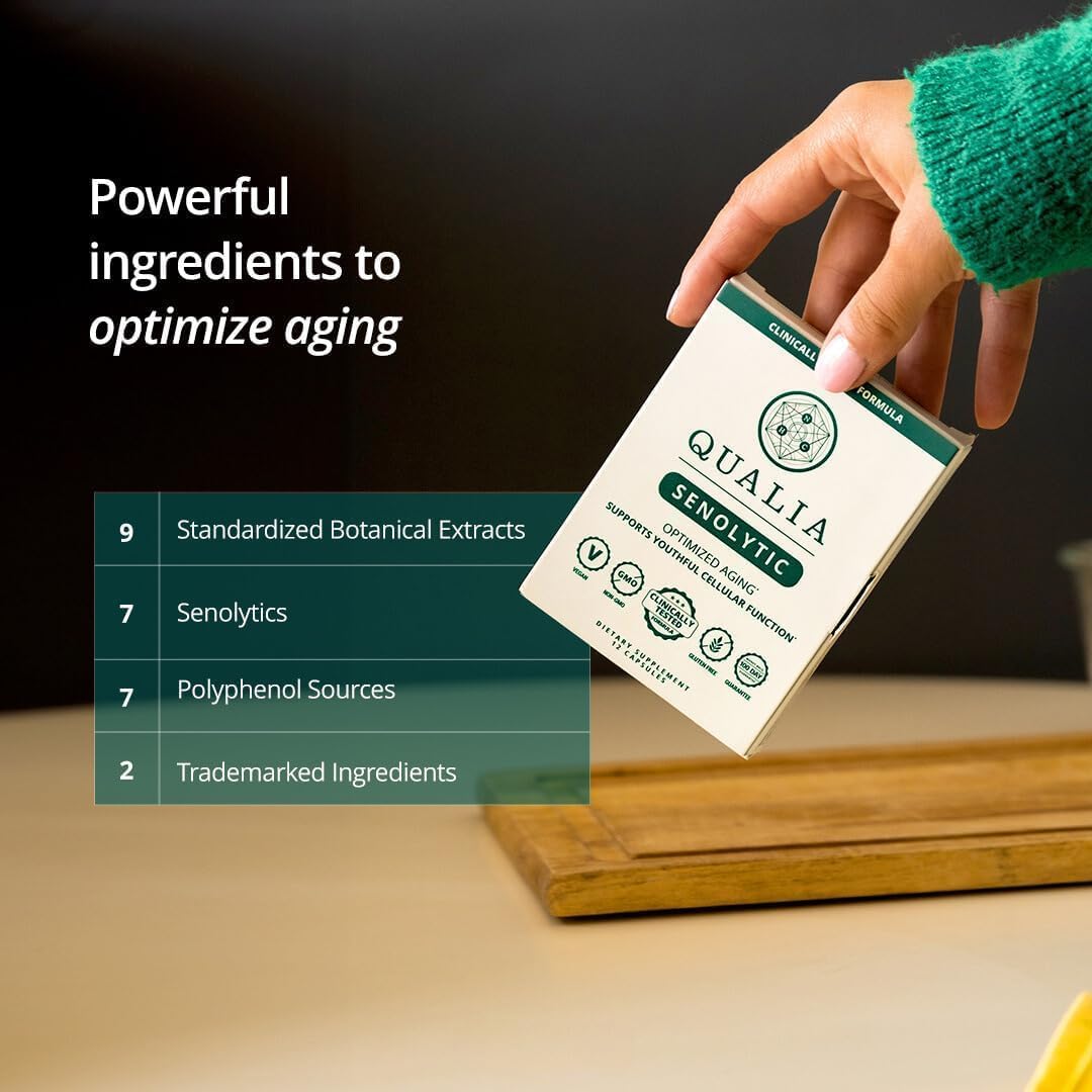 Qualia Life Sciences Senolytic capsules arranged on a white background.