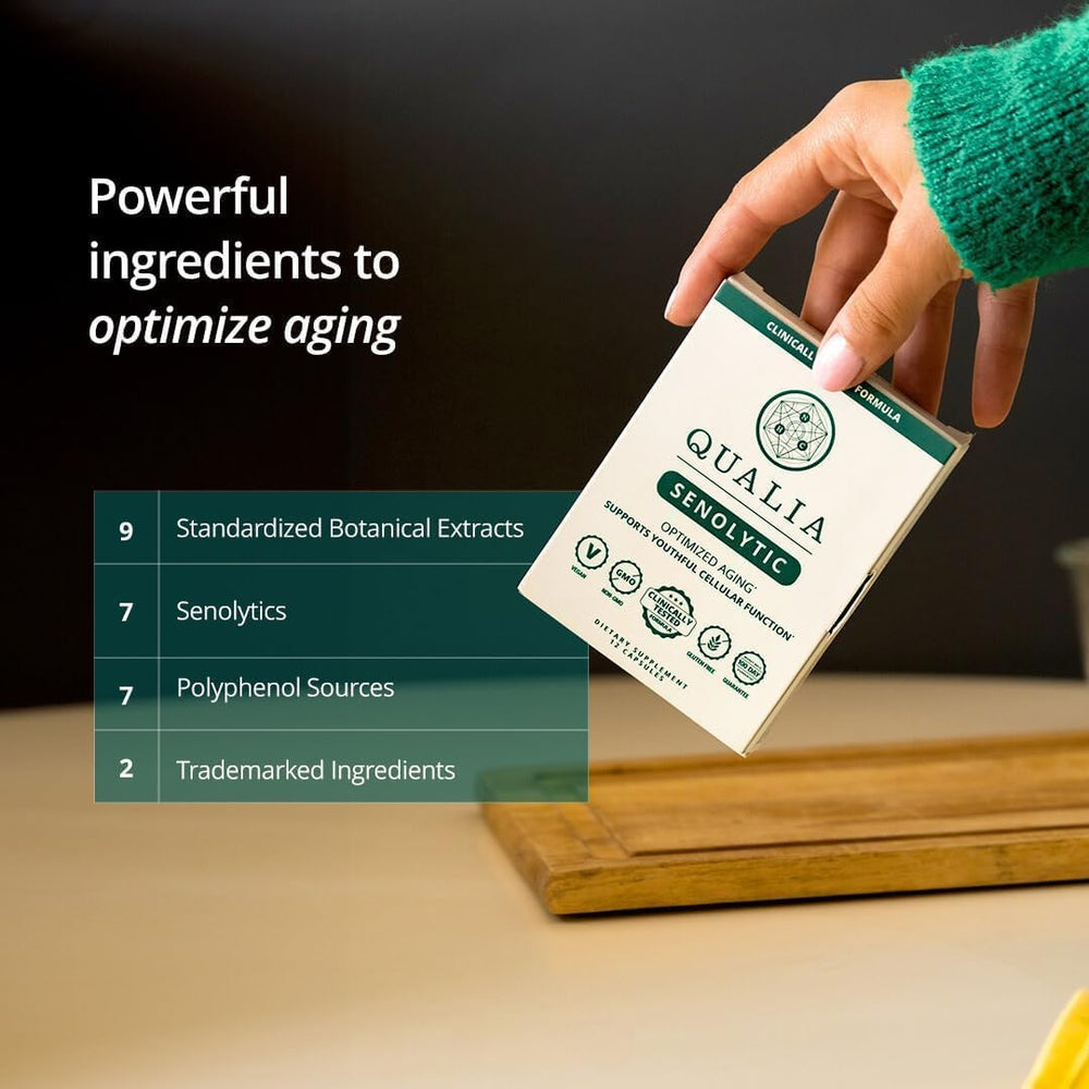Qualia Life Sciences Senolytic capsules arranged on a white background.