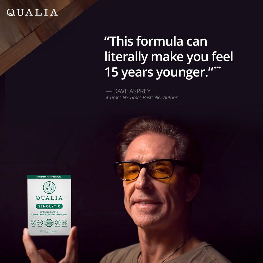 Qualia Life Sciences Senolytic daily-dose setup on a clean surface.