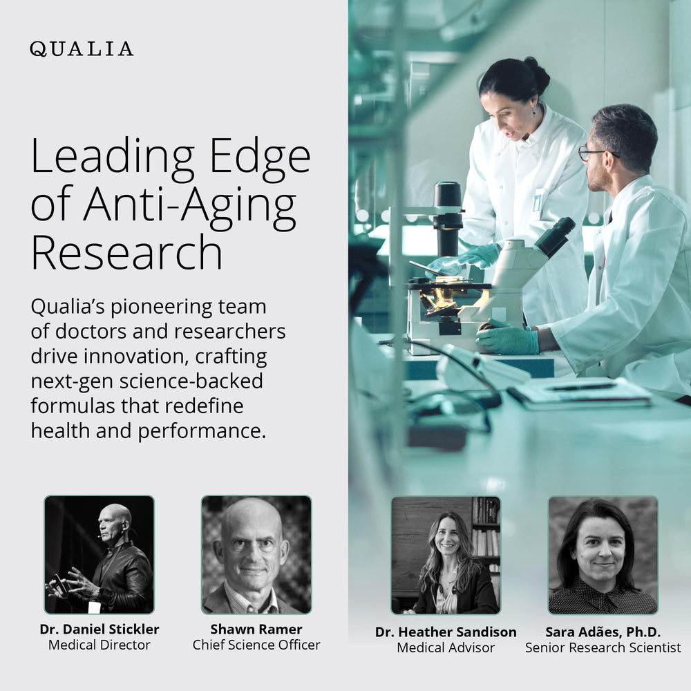 Qualia Life Sciences Senolytic on a wellness shelf with related products.