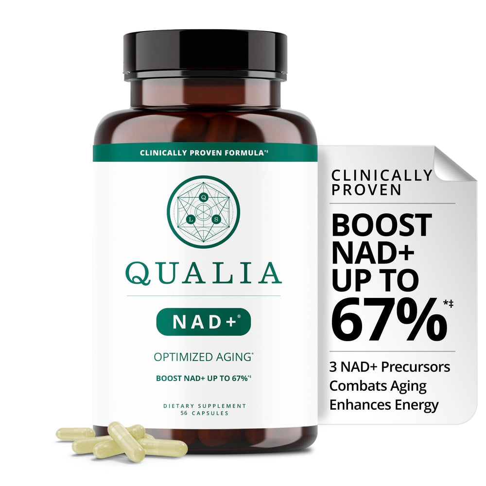 Qualia NAD supplement bottle pour demonstrates easy daily use for energy support.