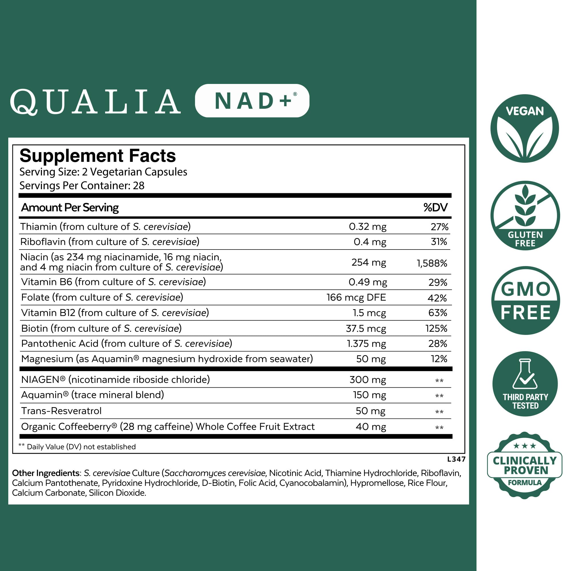 Qualia NAD supplement capsules closeup shows premium ingredients for focus.