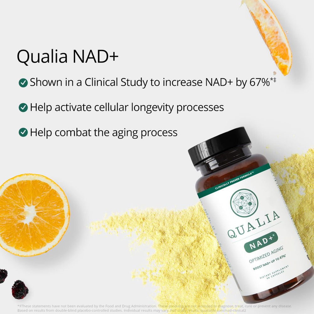Qualia NAD supplement with glass of water implies easy ingestion.