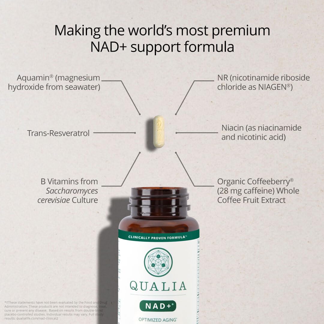 Qualia NAD supplement lifestyle shot suggests improved daily resilience.