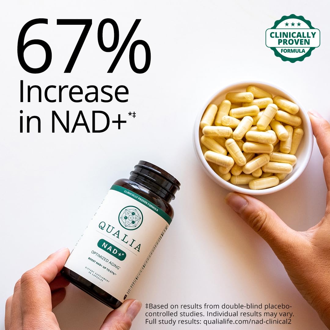 Qualia NAD supplement box conveys vegan, non-GMO, and gluten-free credentials.