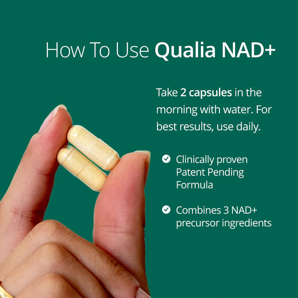 Qualia NAD supplement stand display emphasizes aging-related energy support.