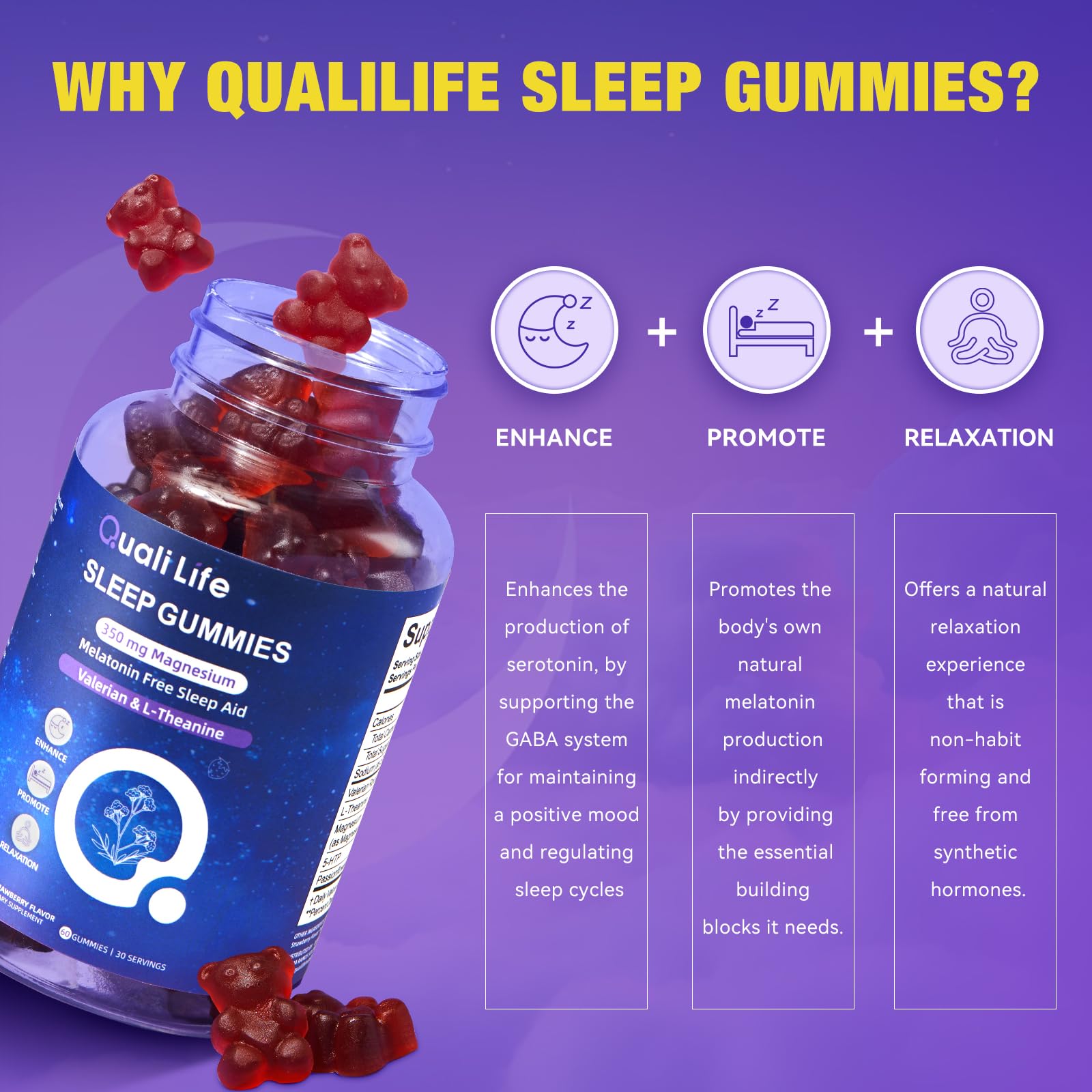QualiLife melatonin-free sleep gummies jar lid close-up, easy nightly unwind with calm preparation