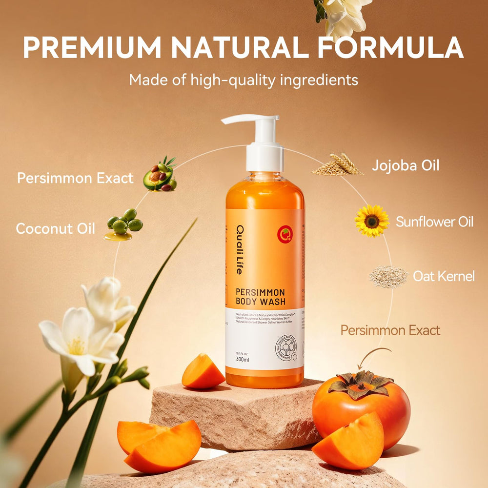 QualiLife Persimmon Body Wash with Tea Tree Oil for cleansing and odor control.