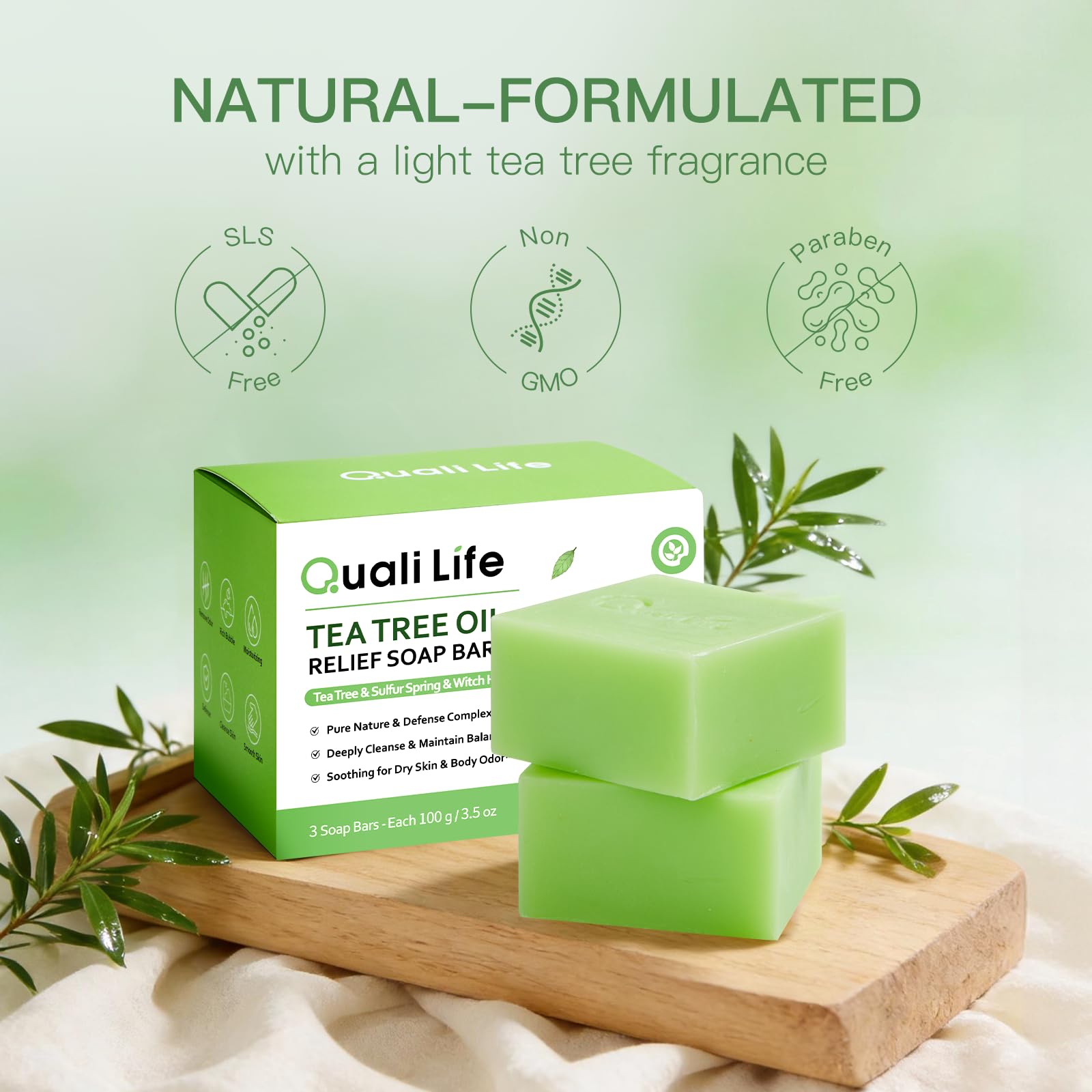 QualiLife Tea Tree Soap three-bar pack ready for home, gym, or travel.
